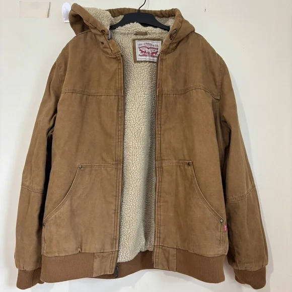 Levi’s Sherpa lined Workwear Brown Washed Canvas Outdoor winter Bomber Jacket XL - Picture 3 of 16